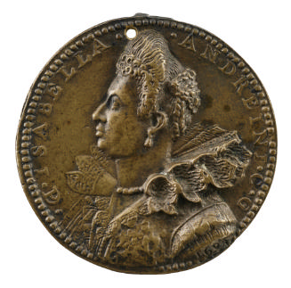 Bronze portrait medal of Isabella Andreini hair worn curled in front, piled high above the fore…