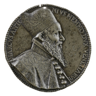 Lead portrait medal of Doge Marcantonio Memmo wearing a corneto and brocaded gown