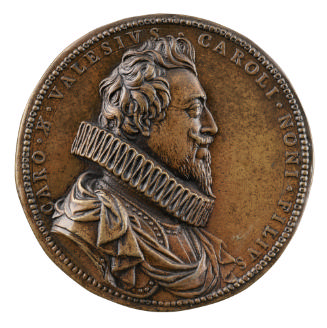 Bronze portrait medal of Charles de Valois wearing armor, ruff, and sash