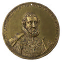 Bronze portrait medal of Henri IV wearing an embroidered doublet, a ruff at his neck, and an op…