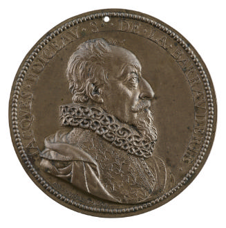 Bronze portrait medal of Jacques Boyceau wearing a ruff and doublet embroidered with flowers