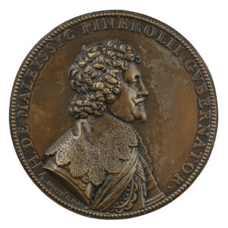Bronze portrait medal of Henri de Maleyssic, his hair curled, wearing an elaborate lace collar …