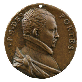 Bronze portrait medal of Philippe Desportes wearing a high-necked jerkin with a standing collar…
