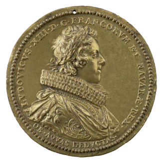Gilt bronze portrait medal of Louis XIII, laureate, hair short and curled, wearing a ruff and o…