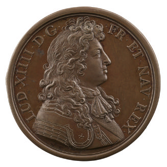 Bronze medal of a man in profile to the right wearing armor, the ribbon of an order across his …