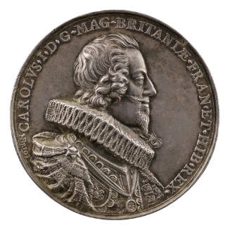 Silver portrait medal of King Charles I, hair short and curled, with a lovelock on his left sho…
