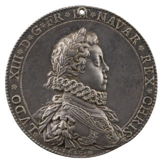 Silver portrait medal of Louis XIII, laureate and wearing a small lace ruff (floral in style), …