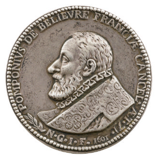Silver portrait medal of Pomponne de Bellièvre wearing a ruff and wide-collared brocade robe, i…