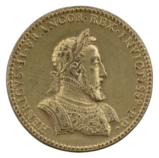 Gilt bronze portrait medal of King Henri II laureate, wearing decorated armor, ruff, and the Or…