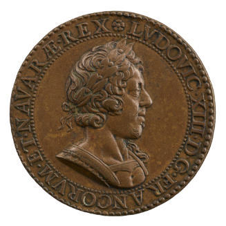 Bronze portrait medal of Louis XIII, laureate, hair curled and with a lovelock on his shoulder,…