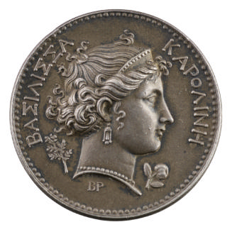 Silver medal of a woman in profile to the right wearing a diadem, pendant earrings and a pearl …