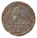 Tin medal of a man in profile to the right, below him branches of oak and palm above a pile of …