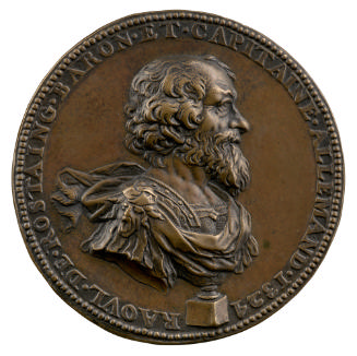 Bronze portrait medal of a bust of Raoul de Rostaing, mounted on a pedestal, bearded and with s…