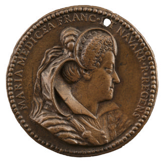 Bronze portrait medal of Marie de’ Medici, in a bongrace and widow’s veil, wearing a plain stan…