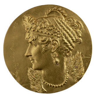 Gilt bronze portrait medal of Joséphine Bonaparte, hair braided around head and held in place w…