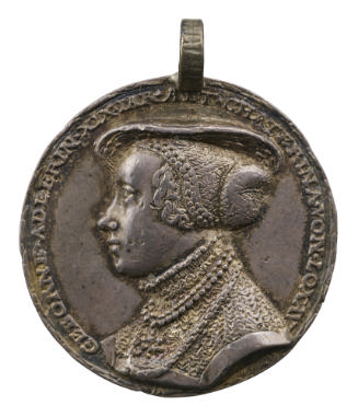 Silver medal of woman with her hair pulled into a decorative covering and wearing flat hat, hig…