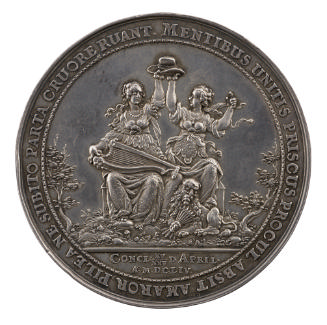 Silver medal depicting the figures of Britannia and Holland seated and facing each other, suppo…