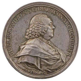 Silver medal of man in profile to the right wearing a wig and shirt with ruffled tie