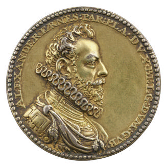 Gilt bronze portrait medal of Alexander Farnese, Duke of Parma wearing a cuirass, ruff, command…