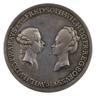 Silver portrait medal of William V and Frederika Sophia Wilhelmina portrayed in profile, facing…