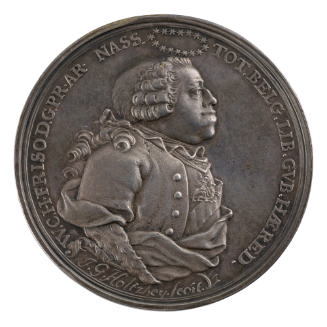 Silver portrait medal of Stadtholder William IV with a circle of stars over his head, in armor …