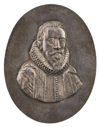 Silver portrait medal of Johan van Oldenbarnevelt wearing a furred robe over a doublet, and a l…