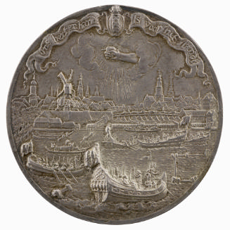 Silver medal depicting, in the foreground, the Amstel river with two boatloads of soldiers; oth…