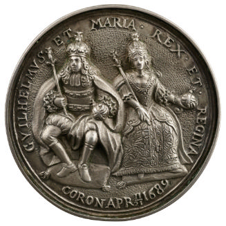 Silver portrait medal of King William III  and Queen Mary seated and crowned, each wearing thei…