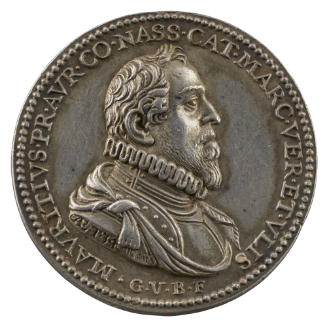 Silver portrait medal of Prince Mauritz  of Orange wearing armor, a ruff, and a commander’s sas…