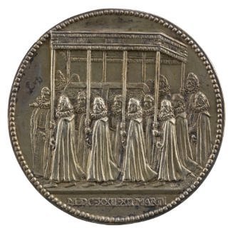 Silver medal depicting the coffin of the Archduke Albert of Austria, covered with a canopy bein…