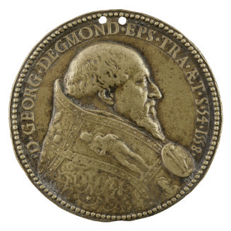 Bronze portrait medal of George  van Egmont, Bishop of Utrecht, wearing a richly decorated cope…