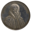 Silver portrait medal of Johan van Oldenbarnevelt bearded, in a lace ruff and fur-trimmed robe,…