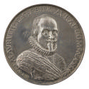 Silver portrait medal of Maurice of Orange  wearing armor, commander’s sash, and ruff