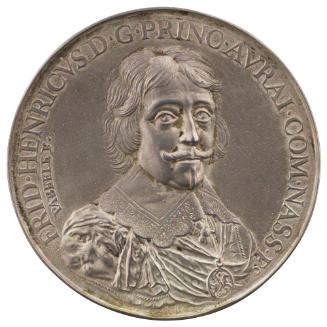 Silver portrait medal of Prince Frederick Henry of Orange-Nassau wearing a flat lace collar, a …