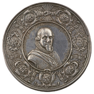Silver portrait medal of Maurice, Prince of Orange wearing armor, ruff, and commander’s sash su…