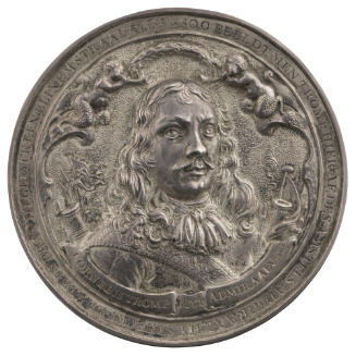 Silver portrait medal of Admiral Cornelis Tromp wearing lace cravat, doublet, and broad ribbon …