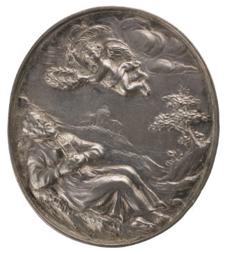 Silver medal depicting a man in a robe resting peacefully in a field near a tree, his hands cla…