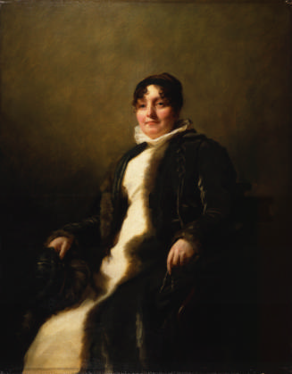 Oil painting of sitting woman wearing black and white