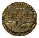Bronze medal depicting a fortified castle with crenelated walls and a number of turrets