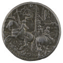 Lead medal of a man in armor on a rearing horse, holding a lance. To the right, a page on a hor…