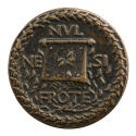 Bronze medal of a square banner with a flower on it, surrounded by an abbreviated Latin inscrip…