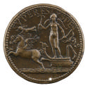 Bronze medal of a nude, winged woman, riding a chariot pulled by two winged horses, with a putt…