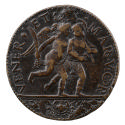 Bronze medal of two figures running to the right. The one on the left is winged and nude, the o…