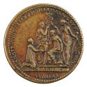 Bronze medal of a bearded man kneeling before a seated man who is flanked by two standing figur…