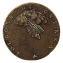 Bronze medal of a thundercloud with lightning bolts and an arrow descending diagonally to the r…