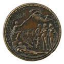 Bronze medal of Hermes wearing a winged cap and shoes, and a short tunic, presenting the golden…