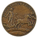 Bronze medal of a nude man, holding branches in his right hand and driving a chariot pulled by …