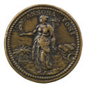Bronze medal of a draped nude goddess holding a small figure in her right hand and a cornucopia…