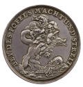 Silver medal of a seven-headed monster, rampant, towering over the head, crown, and scepter of …
