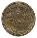 Bronze medal of a radiant sun over a landscape